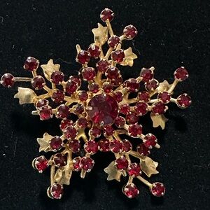 Gold and Red Crystal Snowflake Star Vintage Brooch